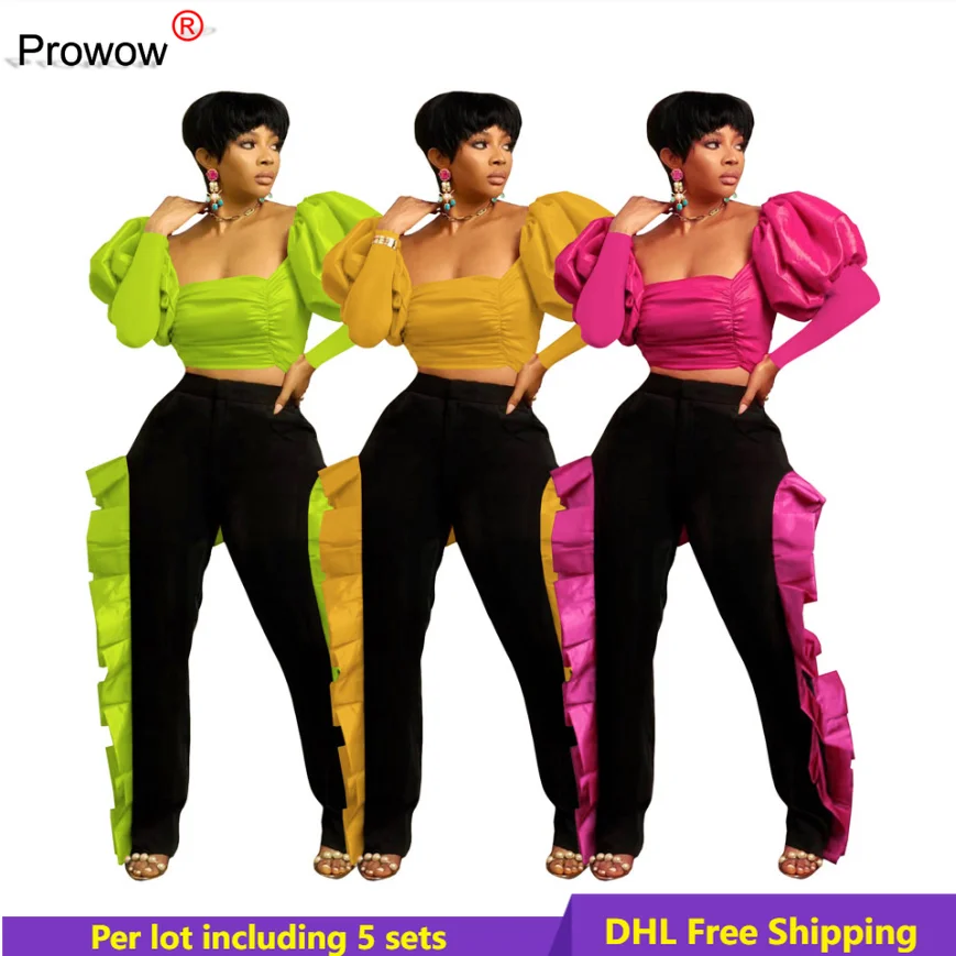 

PROWOW Fashion Ruffles Pant Suit Fall Clothes for Women Sexy Puff Sleeve Backless Lace Up Crop Top Club Wear Two Piece Set 5919