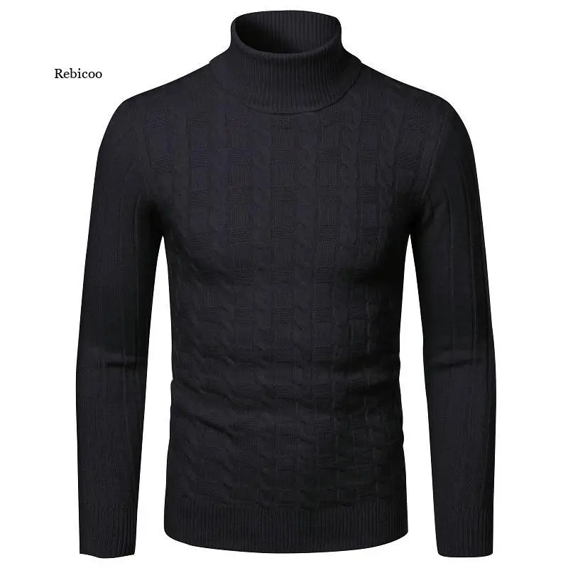 

Winter 2021 Fashion Men's High Neck Solid Color Sweater Black Sexy Knitted Sweater