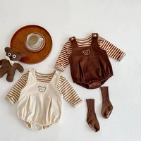 2pcs lovely baby girl clothes set springautumn cotton infant boy stripe t shirt bear embroidered suspender pants newborn sets
