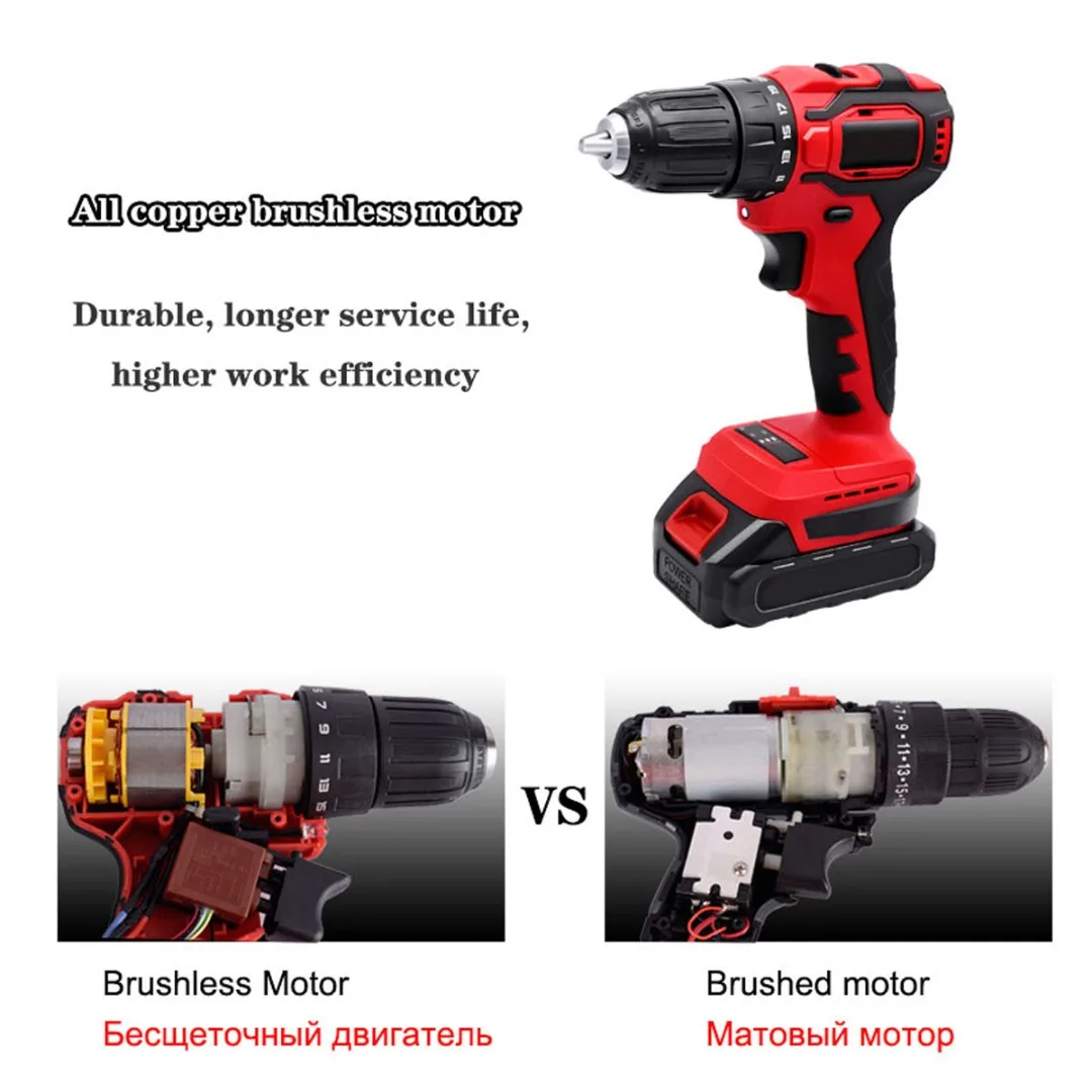 

50NM Rechargeable Cordless Screwdriver 18V 10mm Brushless Electric Impact Drill with Battery Set Home DIY Power Tool