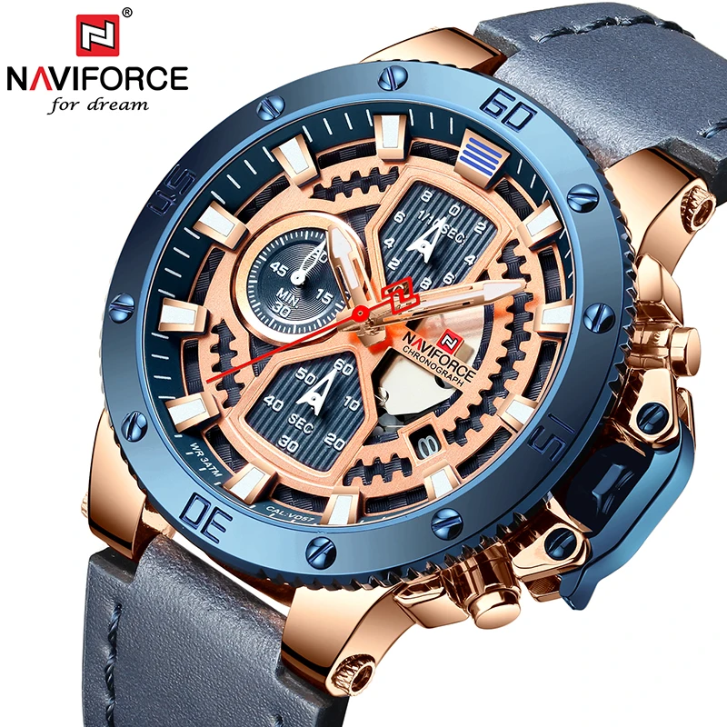 NAVIFORCE часы, топ бренд, Роскошные военные кварцевые часы для мужчин, хронограф, кожа, водонепроницаемые часы, мужские часы