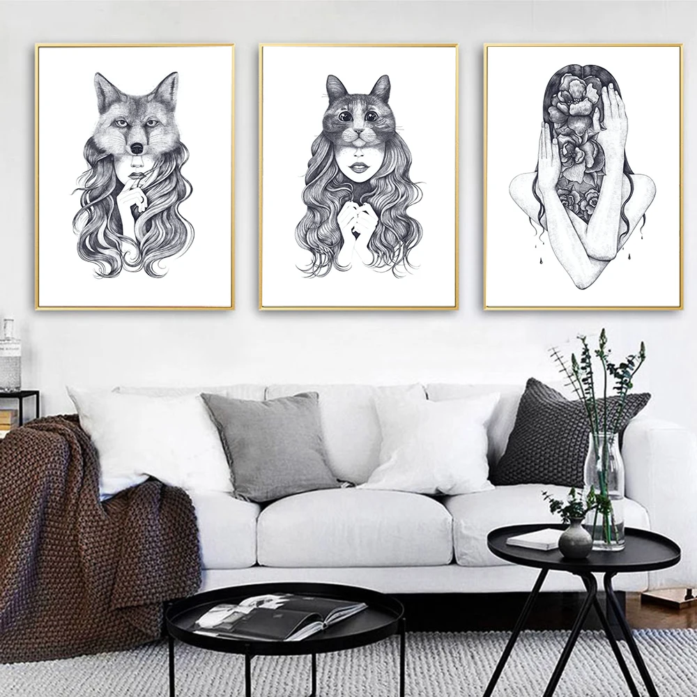 

Nordic Flowers Of The Soul Art Canvas Painting Posters And Prints Black White Fox Cat Girl Wall Pictures For Living Room Decor