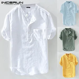 casual men shirts stand collar solid loose cotton blouse short sleeve brand shirts retro harajuku camisas hombre summer incerun free global shipping