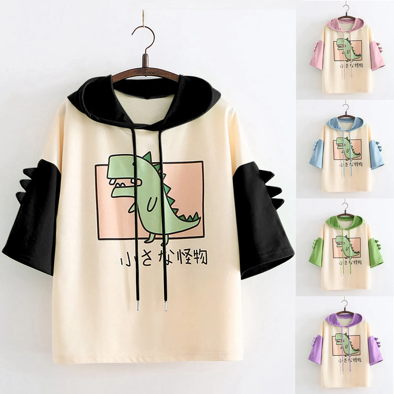 Hooded Sweatshirt Women Sweetshirts Fashion Hoodie Casual Cute Emo Dinosaur T Shirt Drawstring Short Sleeve Tops Y2k Ropa Mujer