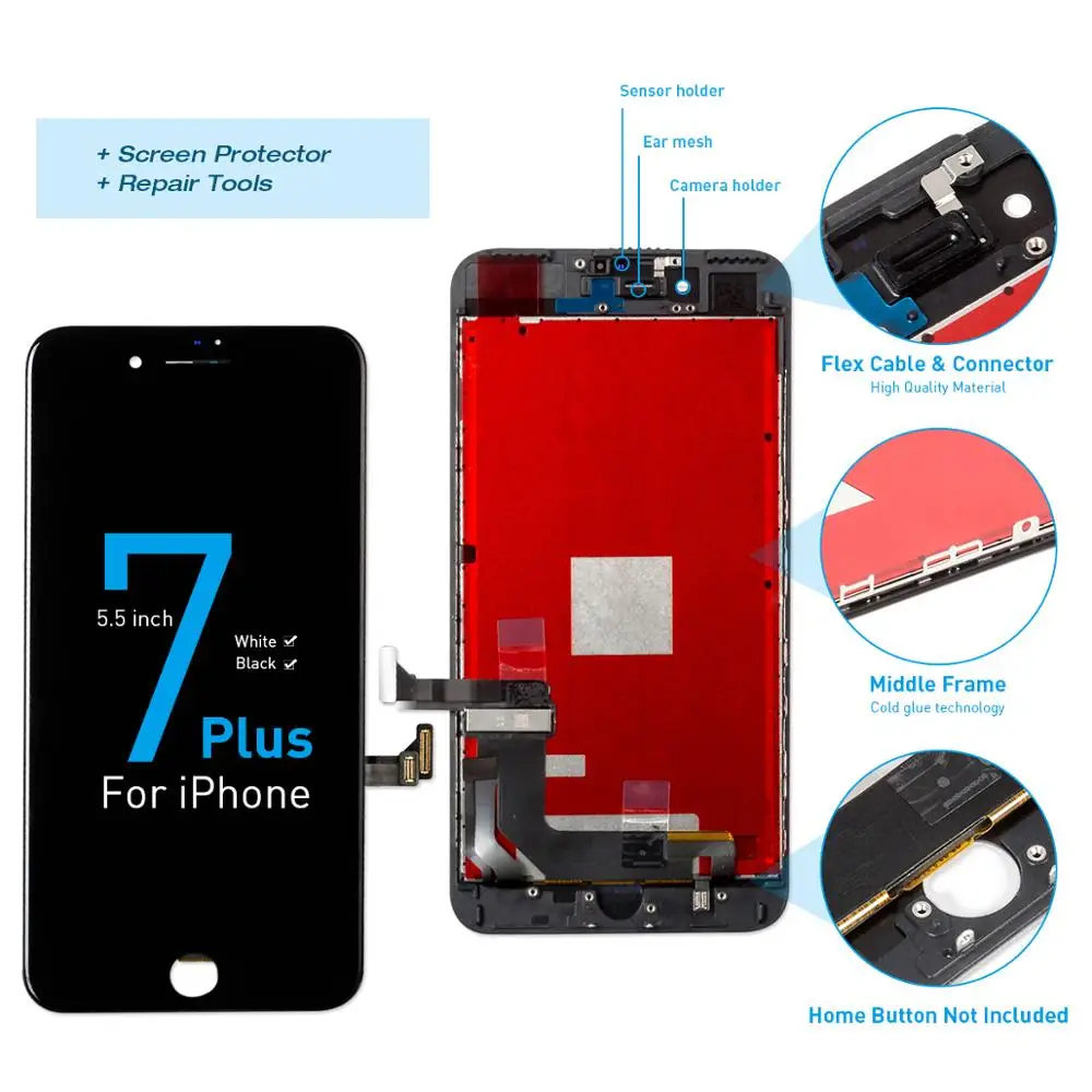 7Plus Black No Parts OEM ЖК-дисплей для iPhone 7 7 Plus, полный комплект дигитайзер в сборе, 3D сенсорный экран, Замена+ фронтальная камера+ динамик+ подарки - Цвет: 7Plus Black No Parts