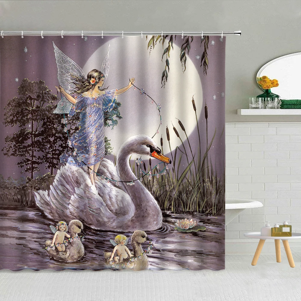 Сказочная лесная занавеска для душа с изображением эльфа девочки кролика грибы