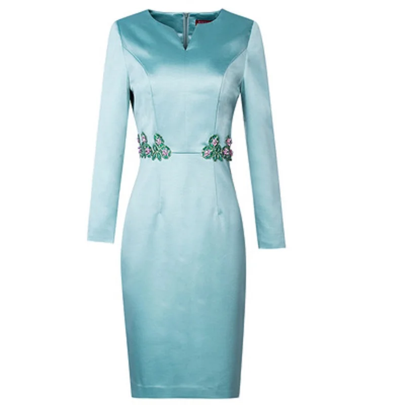 

Office lady Solid Fashion dresses 2021 Autumn Spring casual Embroidery dress women's slim patchwork beading luxury v-neck skirt