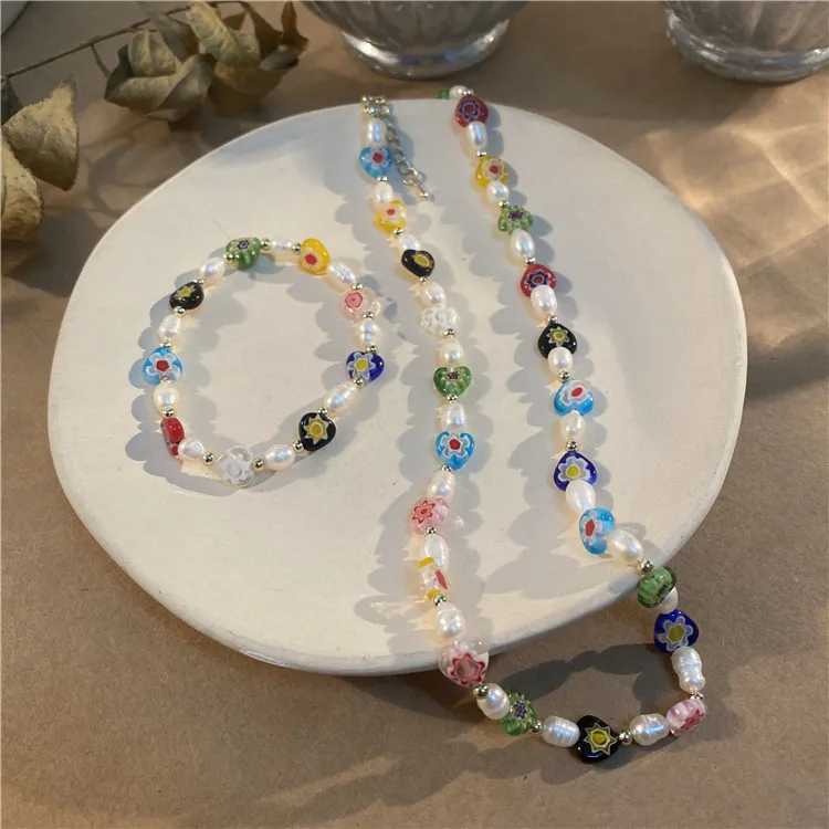 

Pearl Bracelets Necklace Transparent Heart Bangles with Colorful Flower for Women Cute Accessories