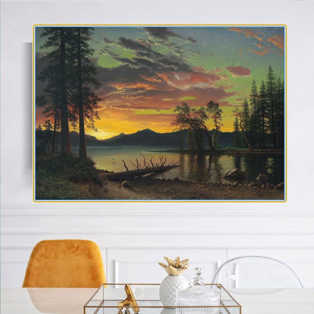 

Citon Canvas Art Oil Painting Albert Bierstadt《Twilight, Lake Tahoe》Artwork Poster Picture Wall Decor Modern Home Decoration