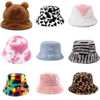 winter zebra pattern cow faux fur fluffy bucket hats for women outdoor warm sun hat velvet furly fisherman cap girl panama grras