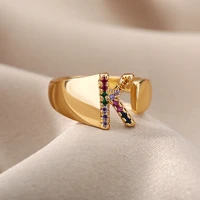 zircon initial letter rings for women colorful a z letter adjustable ring fashion valentine jewelry gift bijoux femme 2022