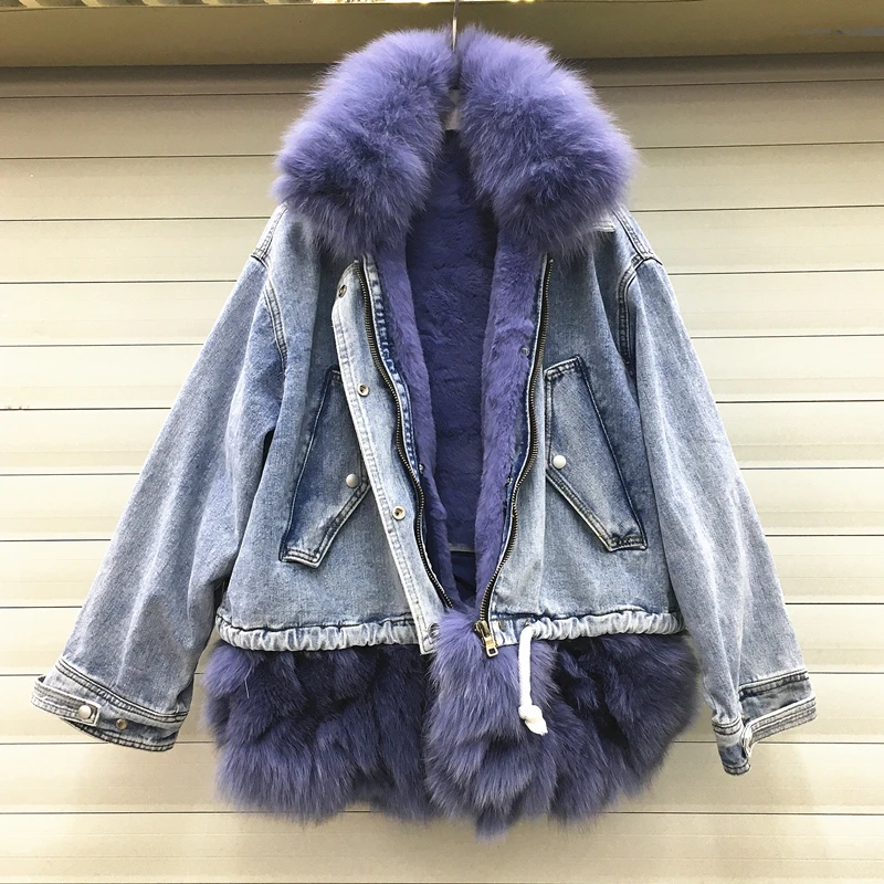 

Real Fox fur collar thicker warm denim coat female winter hairy longer real rabbit fur liner detachable real fur coat F2209