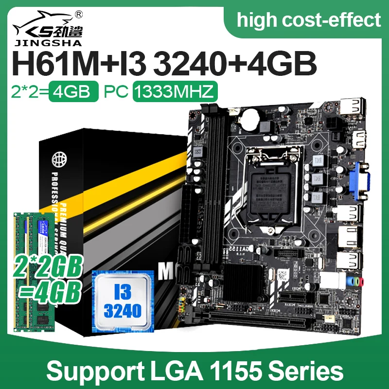 

JINGSHA H61M LGA 1155 Motherboard Set with I3-3240 CPU and DDR3 2*2GB 4GB PC RAM 1333MHZ H61 Intel Chipset Motherboard SATA2.0