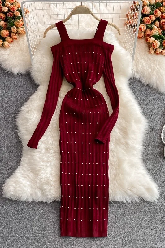 

Summer Ins Wave Point Elastic Tight Knitted Dress Women Bag Hip Long Sleeve Long Dress Girl Off Shoulder Spaghetti Strap Dress