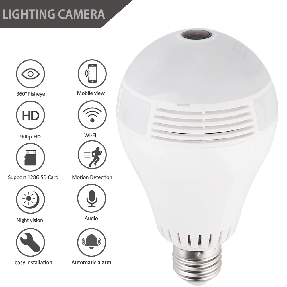 360 градусов Лампа камера 1080P безопасности Беспроводная лампа s рыбий глаз