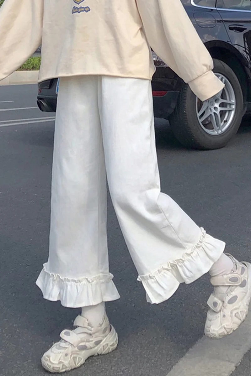 

Women Wild Elastic waist Casual Pants Female Autumn Straight Student Cute Girls High Waist Wide-leg Pants Loose Ruffle Trousers