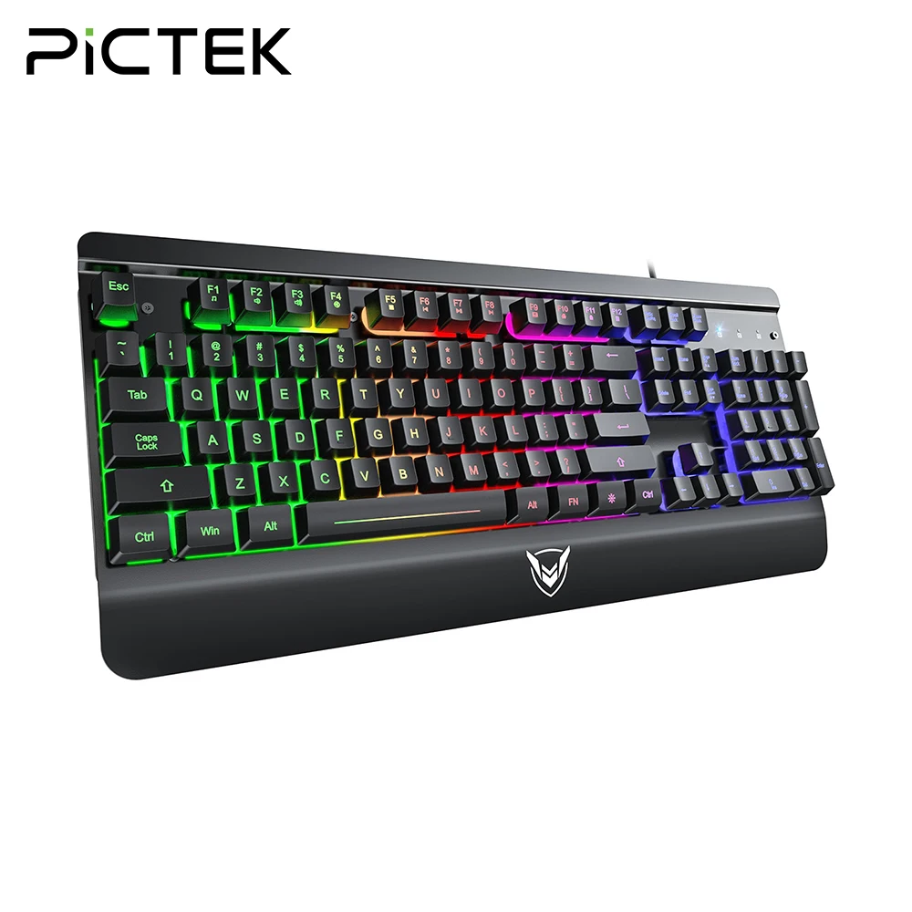 PICTEK-لوحة مفاتيح ألعاب PC268 ، مع كابل USB ، إضاءة خلفية RGB ، غشاء مع مسند للمعصم ، 104 مفتاح للكمبيوتر الشخصي ، ملصق روسي