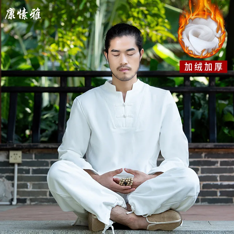 

Winter Men Kungfu Yoga Tai Chi Uniforms Linen Thick Fleece Warm Sweatshirt+pant Jogger Workout Meditation Casual Set Sportswear