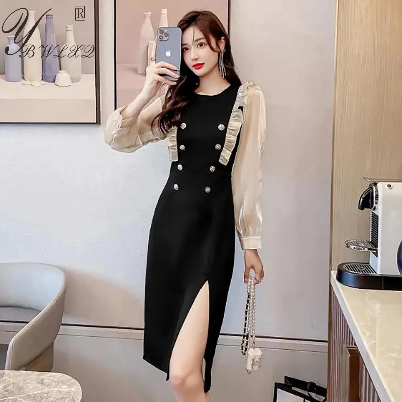 

Женское винтажное платье с разрезом, черное Сетчатое платье во французском стиле с длинным рукавом, вечернее платье для приема, весна-осень