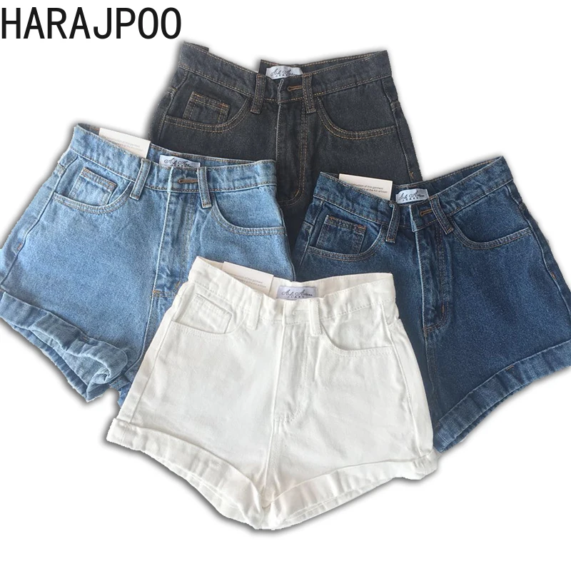 

Harajpoo Women Shorts 2021 Summer Clothing High Waist Slim All-match A Word Jeans Curled Wide-leg Non-stretch Casual Denim Pants