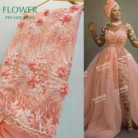 unique design 3d solid flower peach beads net mesh lace for wedding party dresses top quality embroidered net tulle lace
