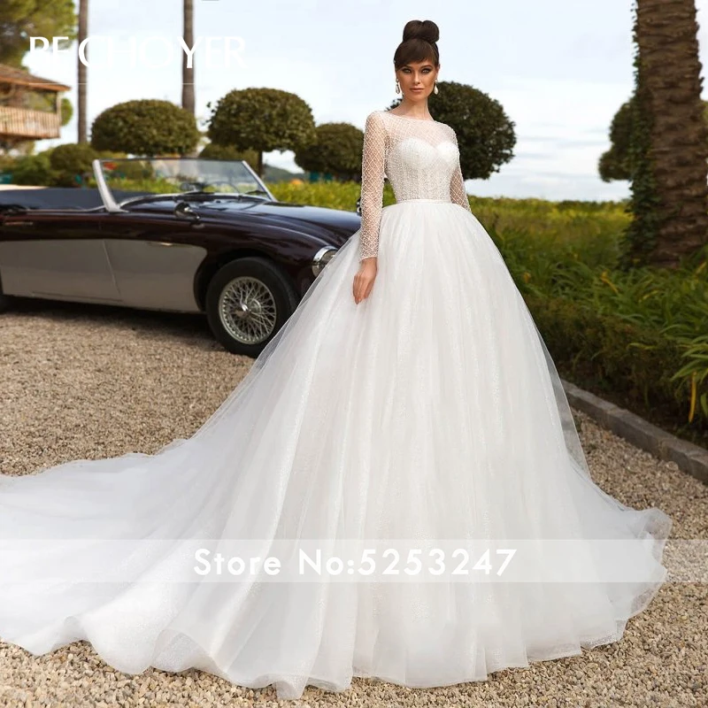 Роскошное расшитое бисером свадебное платье BECHOYER N220 Совок с длинными рукавами