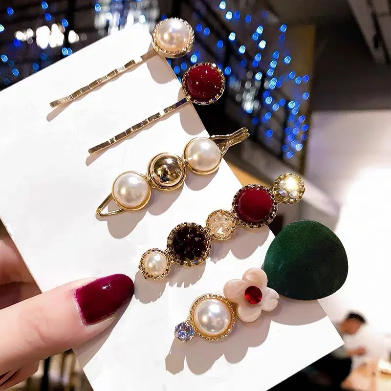 

5pcs/set Elegant Women Girls Hairpins Geometric Pearl Diamond Crystal Ins Fashion Hair Accessories Children Hair Clips