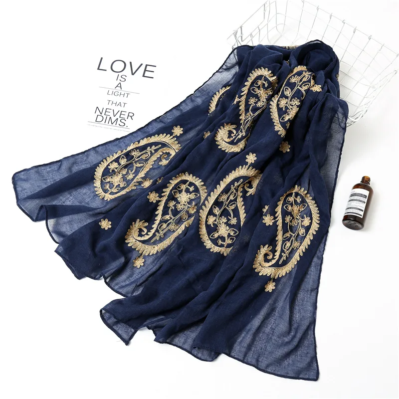 2019 женский простой хлопковый шарф с золотой вышивкой головной хиджаб накидка