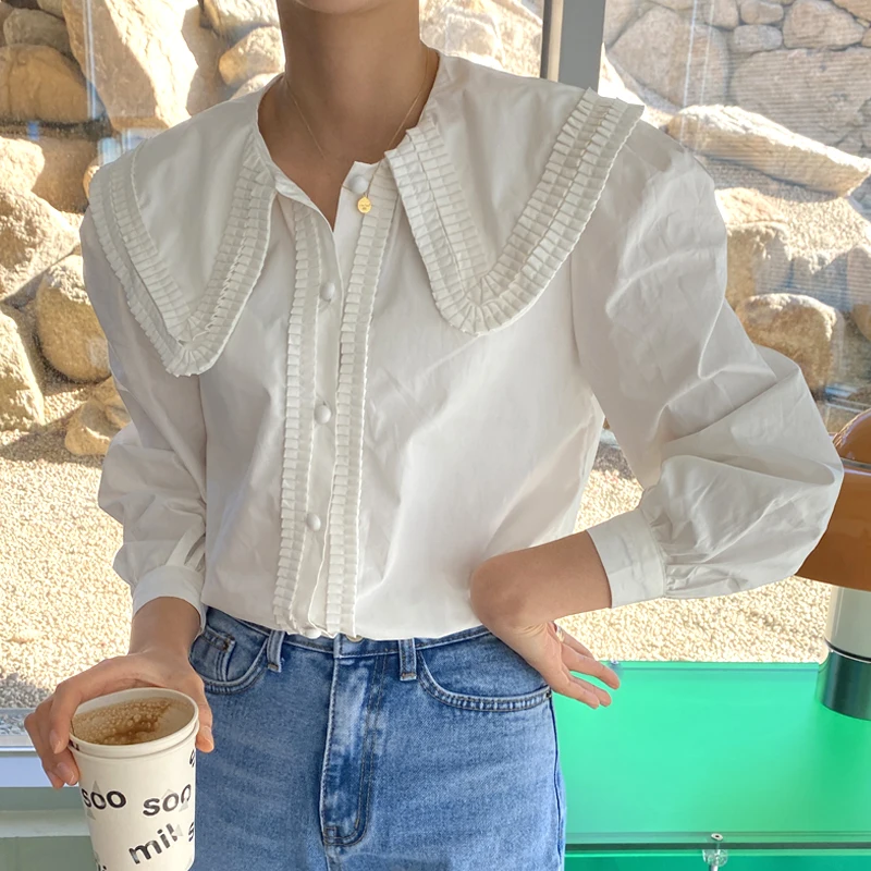 2021 рубашка с отложным воротником и рукавами-фонариками Женская однотонная