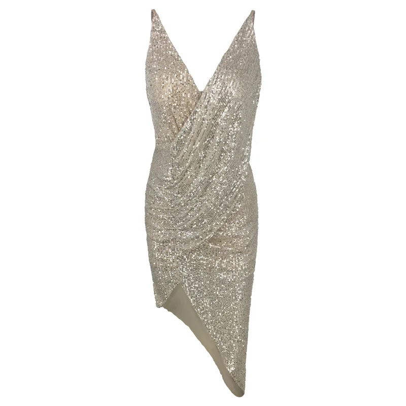V-neck strap shoulder dress Sequined Club Party Dress Camisole Women Sashes Backless Dresses Sleeveless Sexy Irregular Vestidos Женская