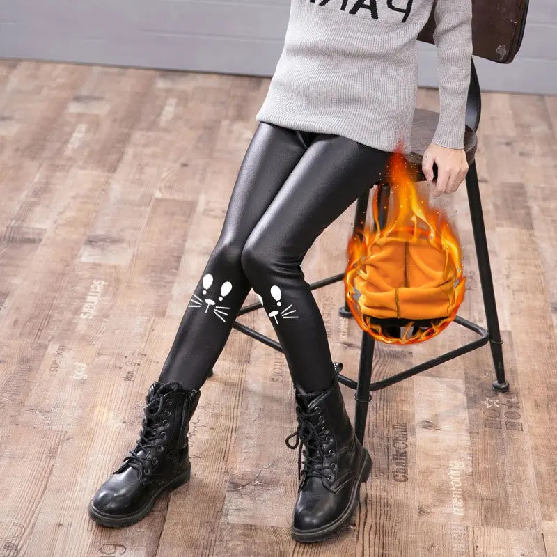 Теплые леггинсы из искусственной кожи для девочек Плотные штаны детей