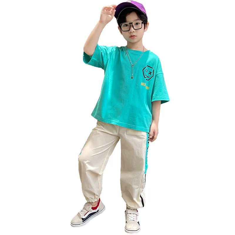 

Kids boys cartoon printed cotton t-shirt pants suit new summer big virgin suit 4-12 years old