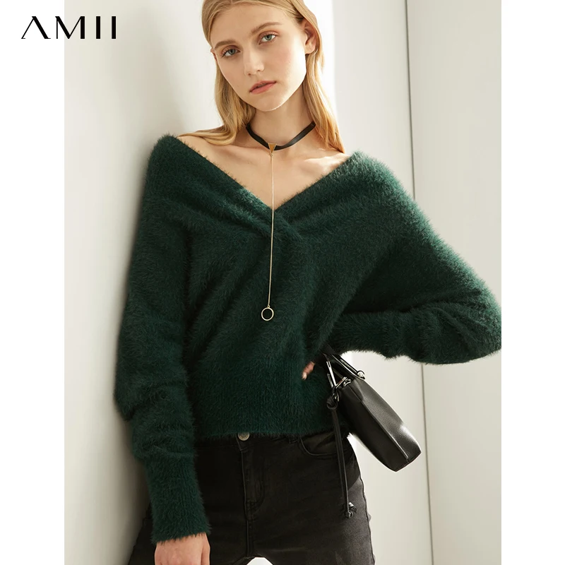 Женский свободный свитер Amii однотонный пуловер в рубчик с V-образным вырезом и