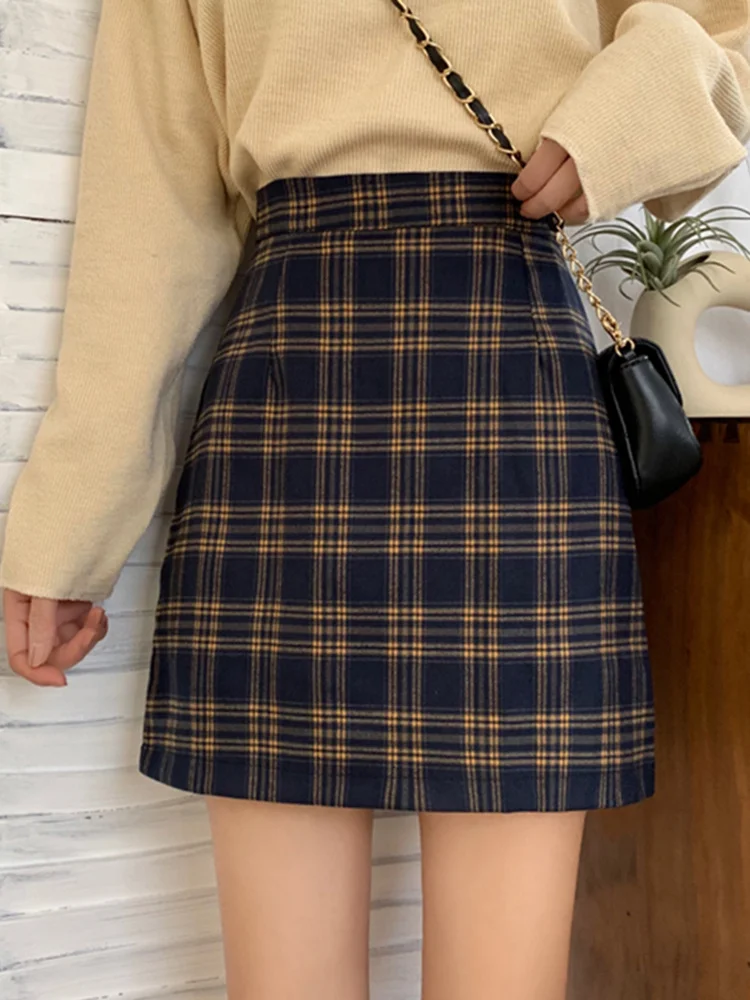 

Клетчатая юбка для женщин, новинка 2021, облегающая универсальная короткая юбка А-силуэта для студентов, юбка с запахом и высокой талией