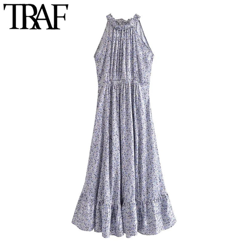 

TRAF Women Chic Fashion Floral Print Ruffled Midi Dress Vintage Halter Neck Elastic Waist Female Dresses Vestidos Mujer