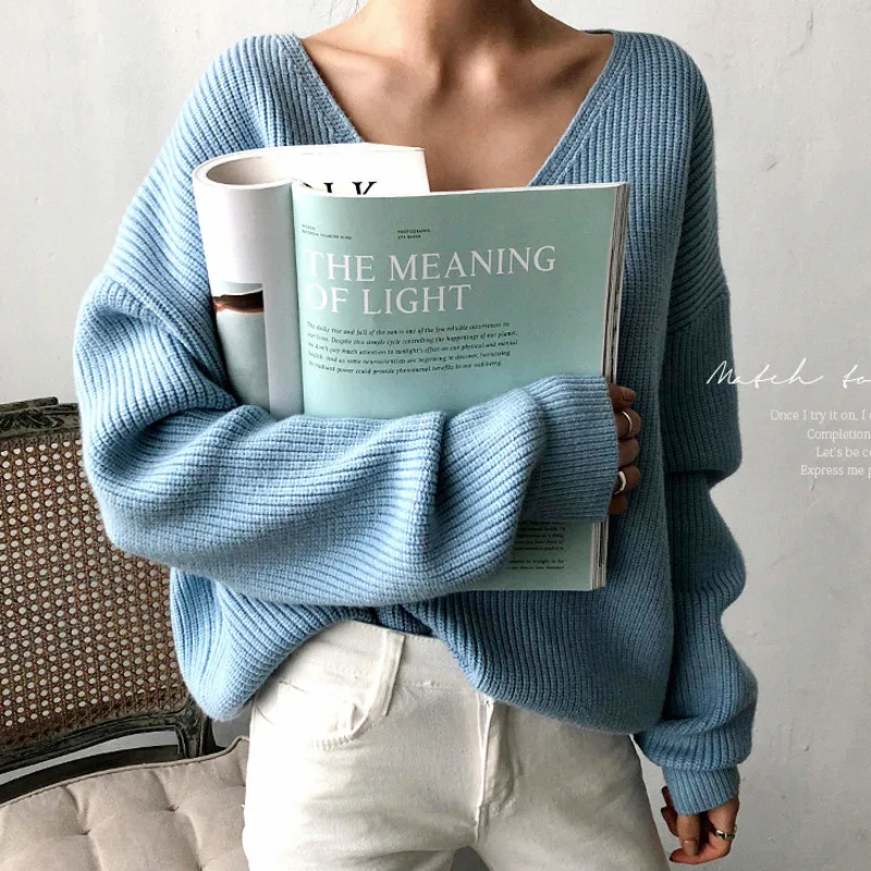 

PEONFLY Womens Sweaters 2020 Autumn Winter Casual V Neck Women Pullover Sweater Solid Long Sleeve Loose Knitted Cashmere Top