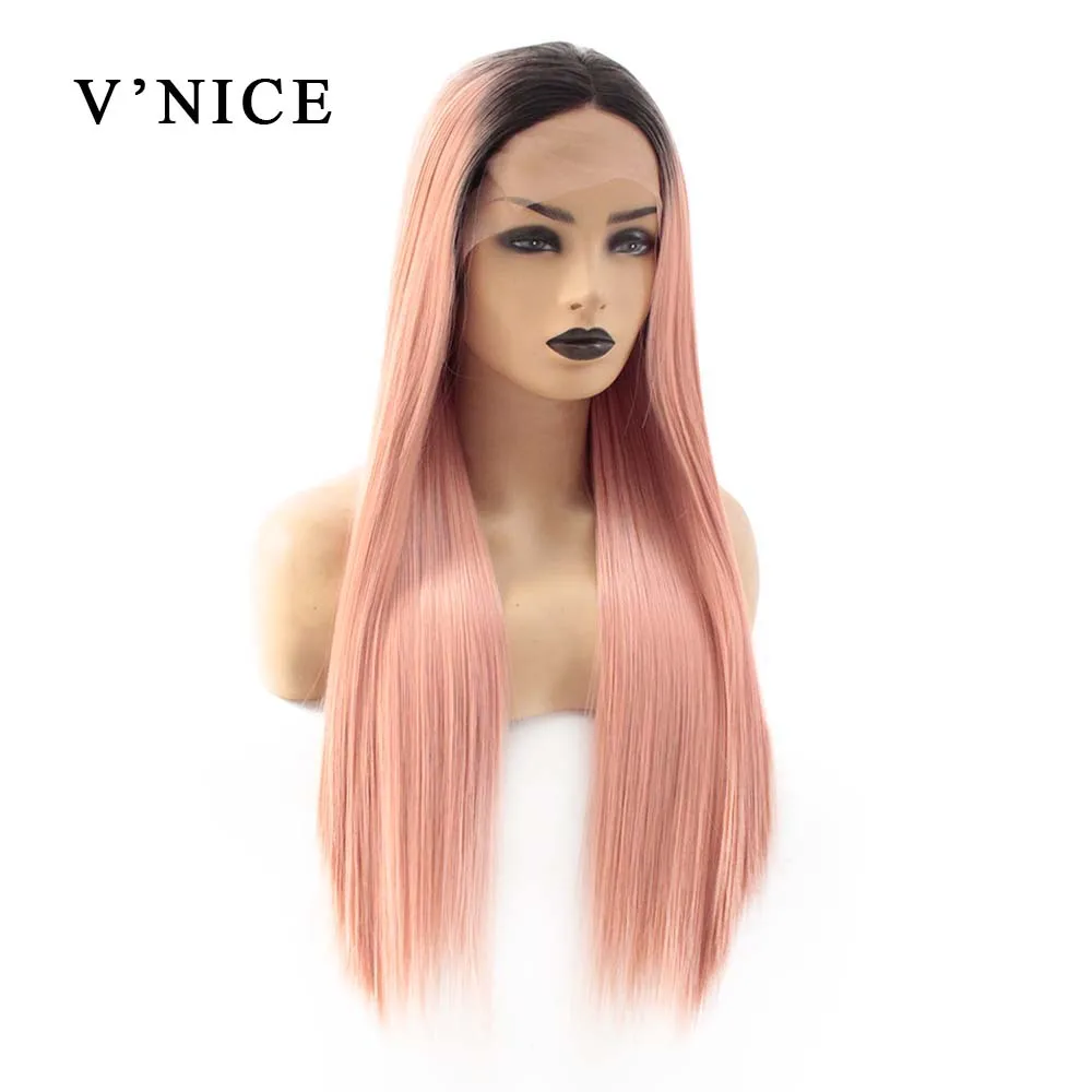 

V'NICE Ombre Rose Daily Hair Synthetic Lace Front Wig Heat Resistant Fiber Long Straight Natural Glueless Wigs for Women