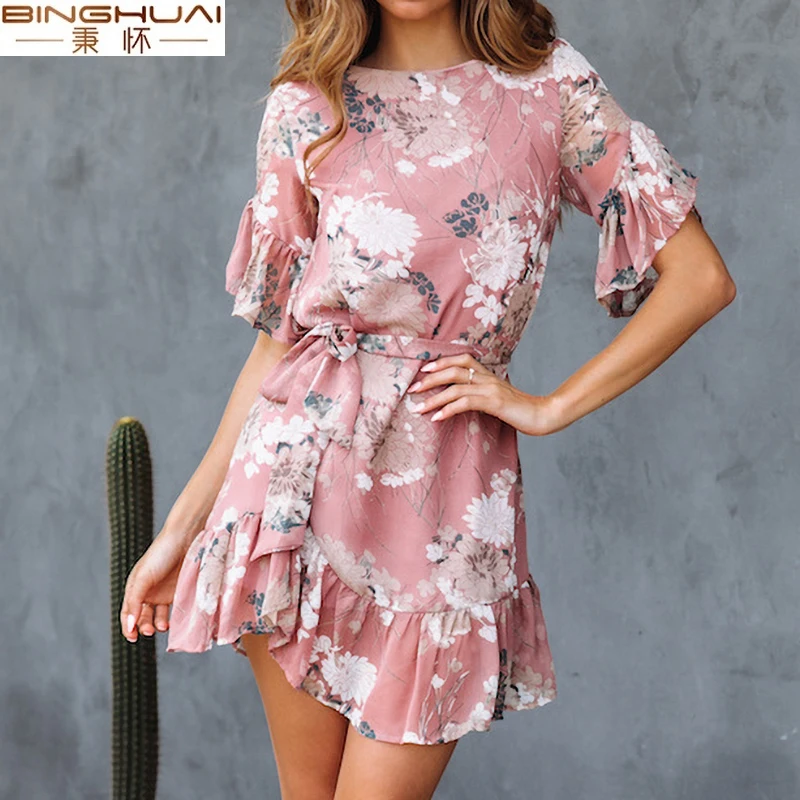 Богемное женское платье с цветочным принтом 2019 винтажное круглым вырезом и