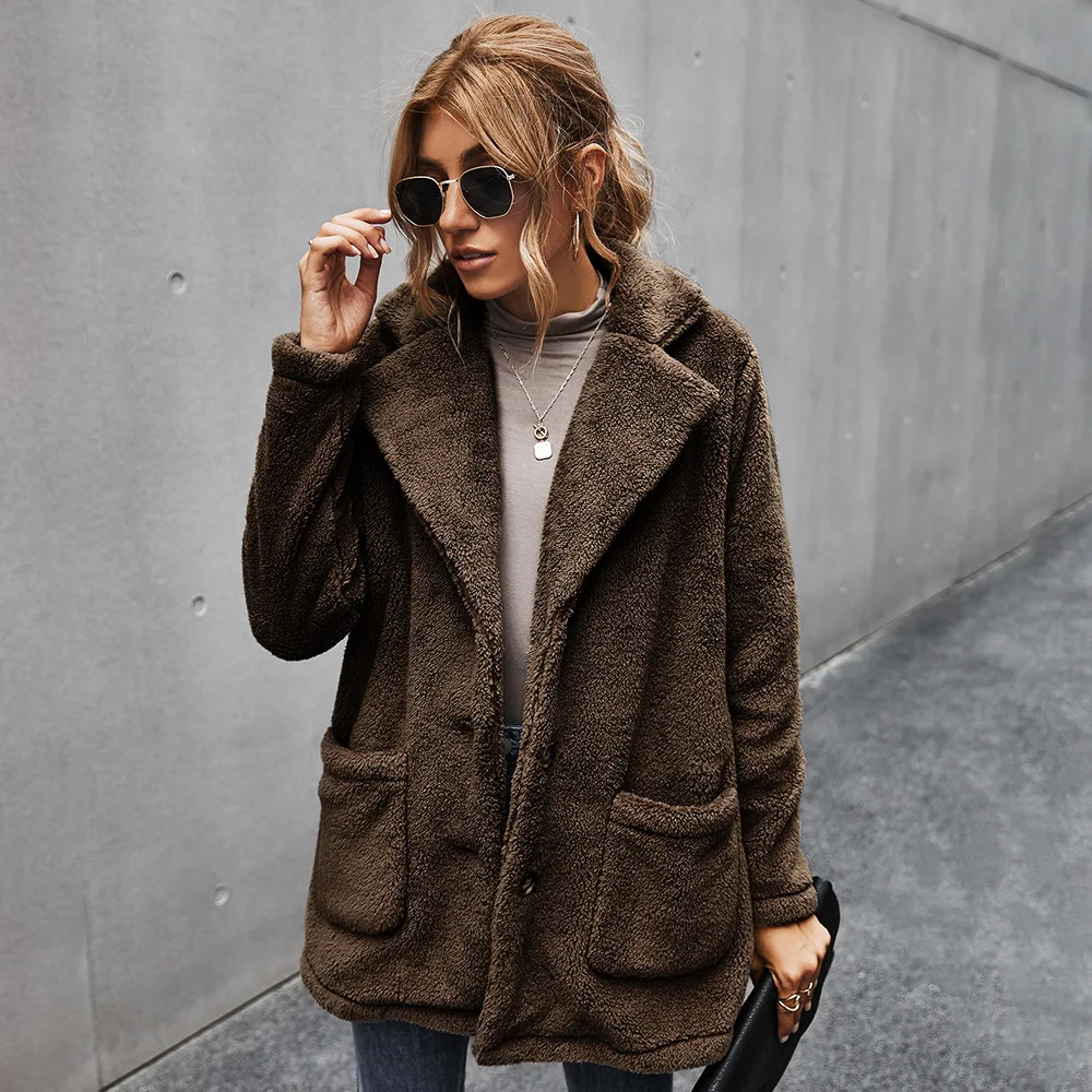 

Solid color Faux Fur Coat Female Autumn Winter Jacket For Women Warm Fleece Fake Fleece Teddy Bear Jackets Chaqueta Overcoat