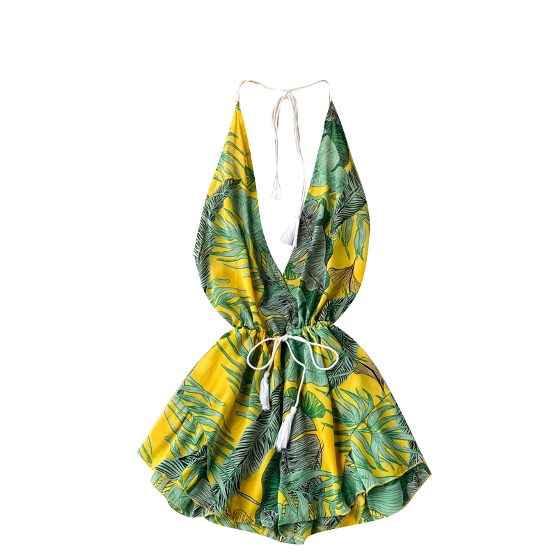 

Design Plant Print Rompers Women V Neck Off Shoulder Halter Jumpsuits Summer Sexy Backless Boho Ruffles Short Rompers