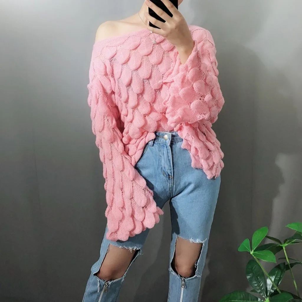 Oversized sweater women Fashion Winter Long Sleeve Feather Knit SLash Neck Off-Shoulder Sweater new high quality pullovers | Женская