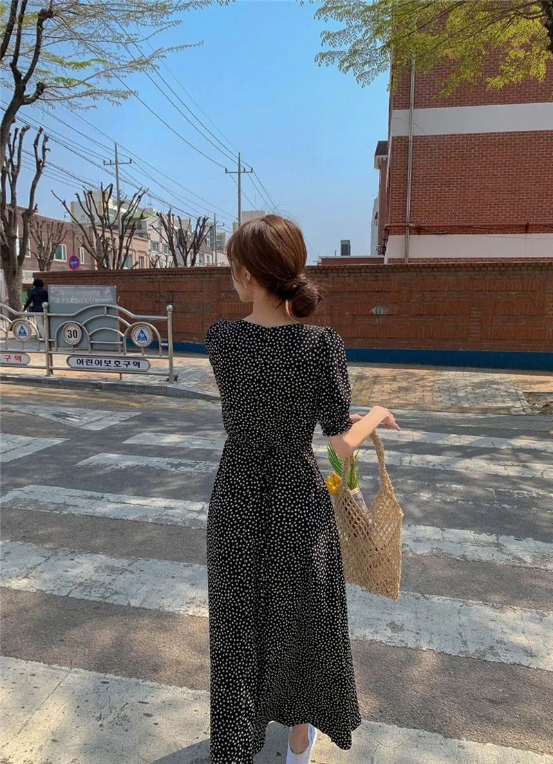 

2020 New Summer Women Dresses Square Collar High Waist Print Floral Lace Up Puff Sleeve Casual Vintage Elegant Long Dresses