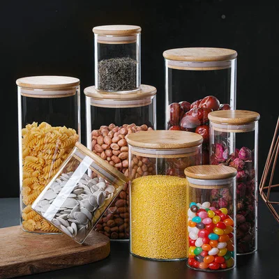 

Glass Storage Tank Food Container Kitchen Bottles Bamboo Covered High Borosilicate Food Sealed Glass Home Storage Organization