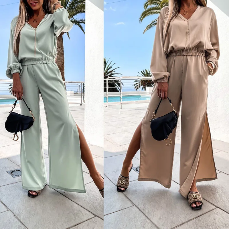 

Ladies Holiday Beach Suit V-neck Long Sleeve Women's Stretch Top Pants Set Side Slit Wide Leg Pants Two-piece Suit, Ladies Suit