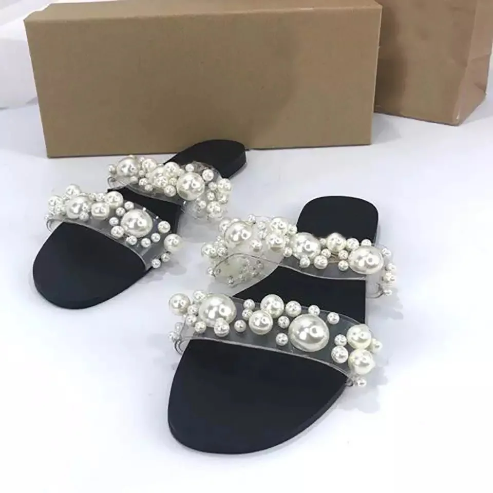 

Slippers Women Summer Luxury Brand 2021 New Sexy Square Toe Fashion Pearl Flat Sandals Woman Shoes Plus Size 41 Chaussure Femme