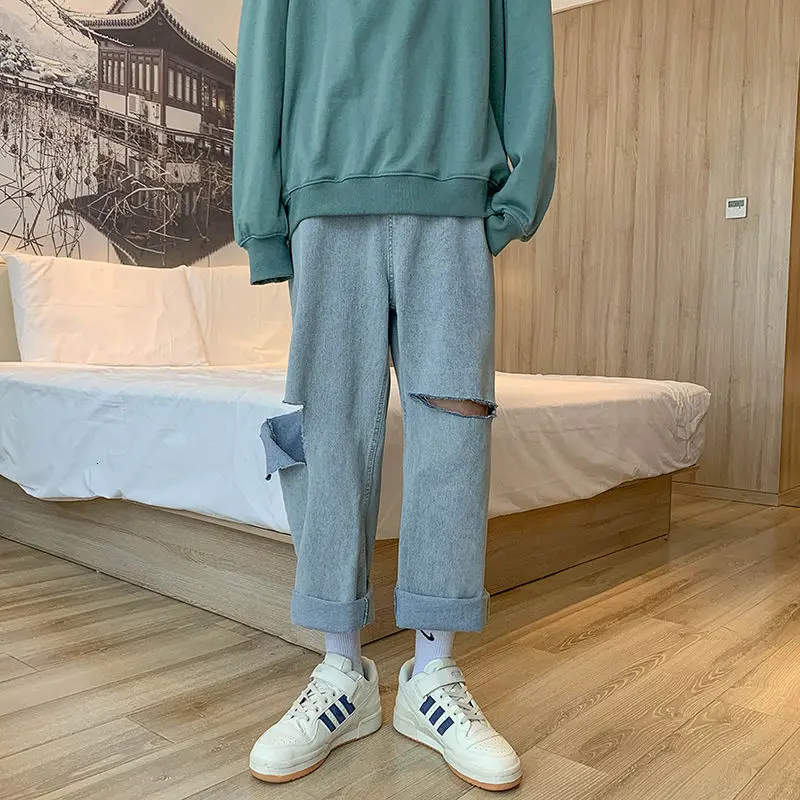 

Summer Ripped Jeans Men's Fashion Casual Retro Wide-leg Jeans Men Streetwear Korean Hip-hop Hole Straight Denim Trousers Mens