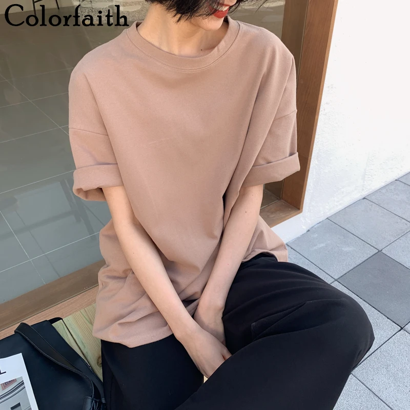 

Colorfaith New 2021 Spring Summer Women 6 Colors T-shirt Casual Long Sleeve Loose Bottoming Solid Female Basic Thick Tops T6789