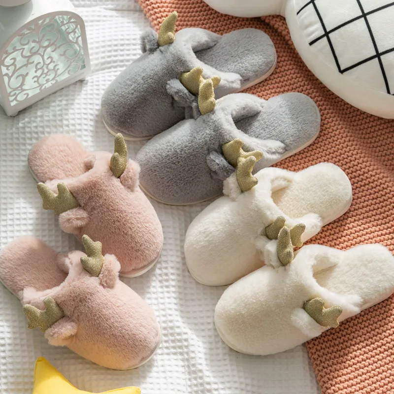 

Winter Cute Plush Reindeer Couple House Slippers Warm Non-slip Men Slippers Women indoor home floor shoes lovers male female