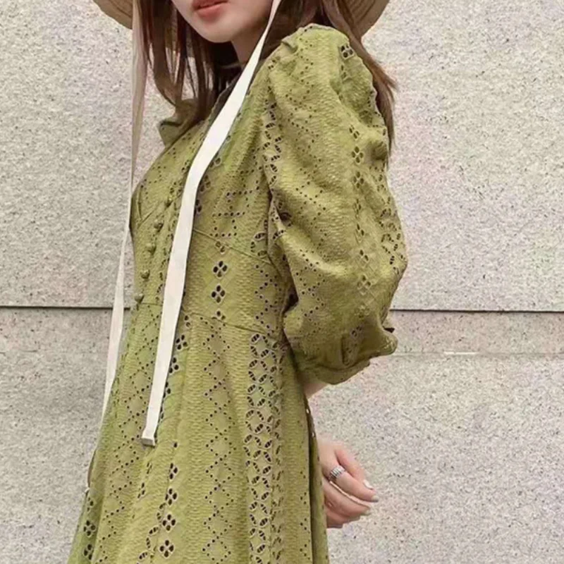 

V-neck Puff Sleeve Midi Dresses for Women Button-up High Waist Solid Female Dress 2021 Spring Summer Elegant Vestido De Mujer