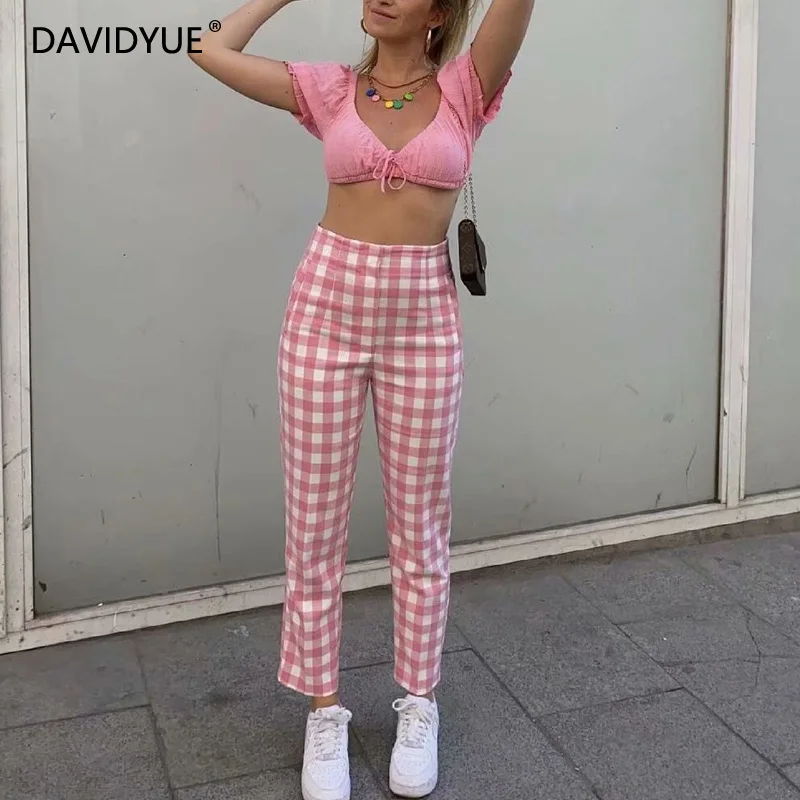 

High waist pants women korean fashion plaid pencil pants streetwear pink pants elegant white trousers vintage cargo pants 2021